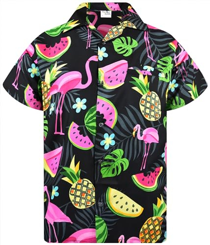 King Kameha JK-Funky Chemise-Hawaienne Homme Coupe-Régulière Manche-Courte Aloha Flamants Fruit Melon Unisexe