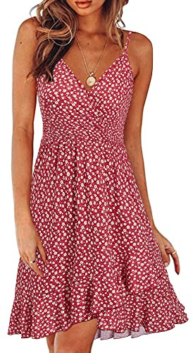 ULTRANICE Damen Sommerkleider Blumenmuster Kleid V-Ausschnitt Strandkleid Verstellbaren Spaghettiträger Rüschen Kleider