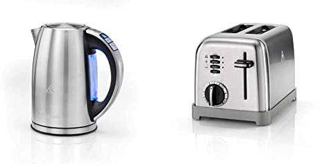 Cuisinart CPK17E Bouilloire digitale multi-température, variable 85-100°C, LCD, acier inoxydable brossé, 3000 W, 1.7L & CPT160E Grille-pain 2 tranches, acier inoxydable brossé