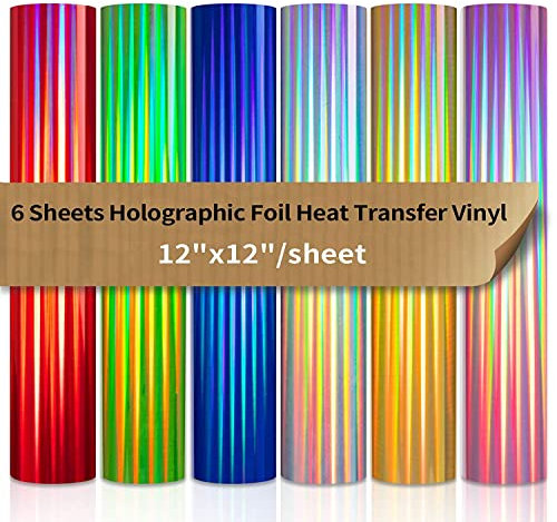 VINYL FROG Foil Heat Transfer Vinyl Bundle 6 Assorted Holographic Colors 12x12 Metallic HTV Stretchable for Fabric and Garment with Cameo