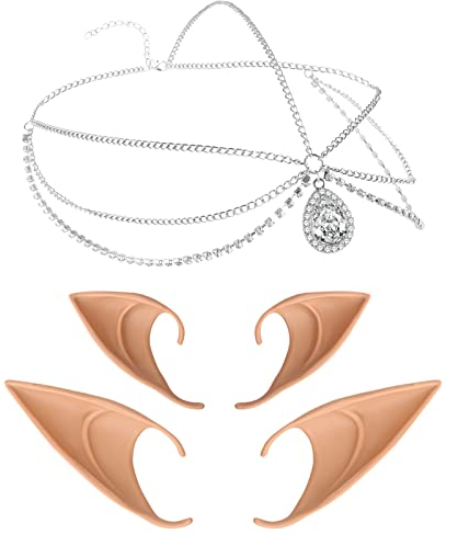 Lusofie Fairy Ears Schmuck Elfenohren Cosplay Fee Elf Ohren Mond Kopf Kette Tiara Retro Kristall Kopfschmuck Elf Ears Haarschmuck Weich Spitz Anime Elfen Ohren Damen Elfenkostüm
