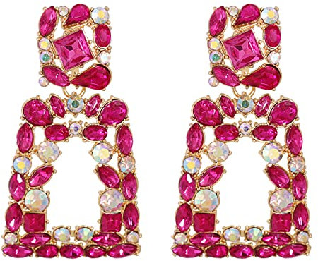 GAUEIOUR Geometric Bohemian Earrings, Exaggerated Pink Diamond Stud Earrings With Rhinestone Details