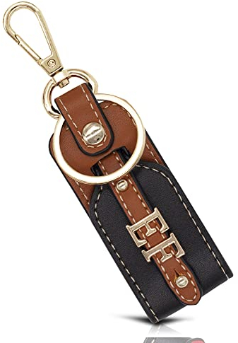 Dolphin Schlüsselanhänger personalisiert - Hochwertiger Kunst Leder Schlüssel Anhänger mit Wunsch-Initialen - für Sie & Ihn (Metall: Chrom-Gold/Leder Imitat: schwarz/cognac)