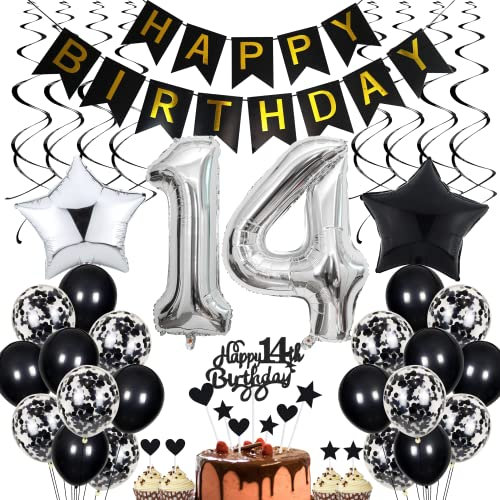 14. Geburtstag Dekoration - Schwarz Tortendeko für Jungen und Mädchen - Black and White Party