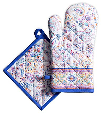 Maison d' Hermine Ofenhandschuh + Topflappen aus 100% Baumwolle, hitzebeständige Ostern Küchen-Ofenhandschuh(19cm x 33cm) & Topflappen(20cm x 20cm) für Köche, Damen, Indian Floral – Frühling/Sommer