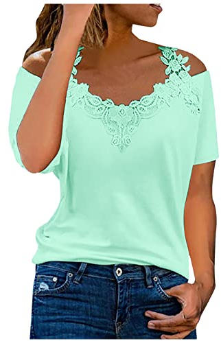 Tunika Damen Sommer Kurzarm Tshirt Modische Spitzenbesatz Bluse Schulterfreies V-Ausschnitt Shirt Floralem Schmetterlingsdruck Oberteile Sexy Schnürung T-Shirt Slim Fit Tops Partywear S-5XL
