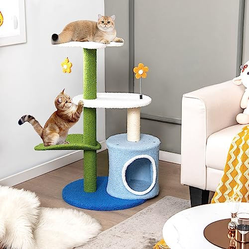 COSTWAY Kratzbaum Klein, Katzenbaum mit blumenförmiger Sitzfläche & 2 niedlichen Bällen & Katzenhöhle & blattförmiger Kletterturm, Katzenkratzbaum Holz, Katzen Katzenmöbel Kletterbaum, Grün+Blau