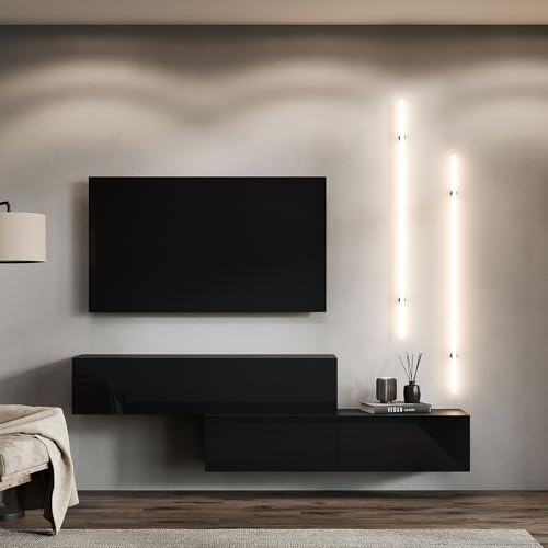 Planetmöbel Mueble de TV para salón, 2 x 140 cm, color negro, moderno, con 2 solapas como espacio de almacenamiento, colgante o de pie