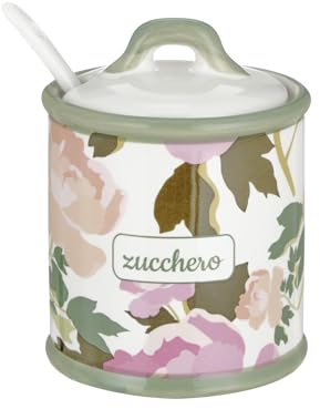 Baroni Home Dekorierte Zuckerdose aus Keramik mit Deckel und Löffel, farbenfrohes und langlebiges Küchenzubehör, Rose Line, 8x8x10 cm