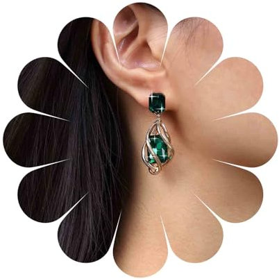 Inilbran Boho Esmeralda Pendientes De Cristal Esmeralda Verde Pendientes Gota Esmeralda Vintage Esmeralda Pendientes De Piedras Preciosas Esmeralda Geométrica Pendientes Cuadrados Joyas Para