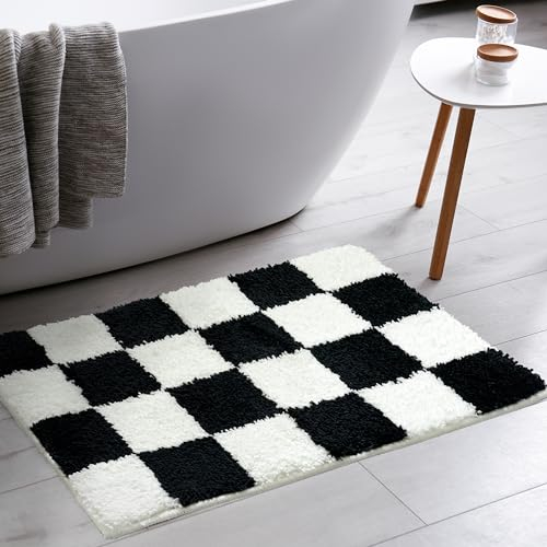 Tititex Luxuriöser Badezimmerteppich, 50,8 x 81,3 cm, klassisches Schachbrett, extra weich und saugfähig, Mikrofaser, rutschfester, zotteliger Plüsch-Badteppich für Badezimmerboden