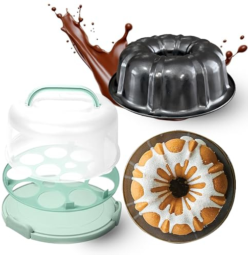 CREACAKE Pro Gugelhupfform plus Kuchenträger, 12 Tassen, 22,9 cm antihaftbeschichtet, hochwertige geriffelte Pfannen zum Backen, Karbonstahl-Backform, tragbar, passend für 25,4 cm große Kuchen, graue