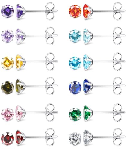 JeweBella 12 Paar Kleine Ohrstecker Chirurgenstahl für Damen Mädchen Hypoallergen Geburtsstein Ohrstecker Set Mehrfarbige Cubic Zirkonia Ohrstecker Piercing Knorpel Schlaf Ohrringe Set 3/4/5mm