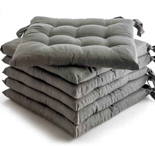 etérea 6er Set Sitzkissen Outdoor 40x40 mit Bändern - Stuhlkissen Anthrazit für Gartenstuhl & Innenbereich - waschbare Sitzauflagen Gartenmöbel - 6 Stück Kissen 40x40 cm - Anthrazit