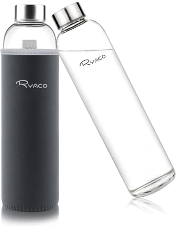 Ryaco Trinkflasche aus Glas 750ml/25oz,Glasflasche mit Neoprenhülle,Glastrinkflasche mit Schraubverschluss,Wasserflasche Glas für heiße kalte Getränke,spülmaschinenfest