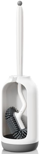 HAMITOR Toilet Bowl Brush Holder Set: Deep Cleaning Silicone Toilet Cleaner Scrubber Under Rim with Curved Bristle for Bathroom Dead Corner Clean - Modern Rv Toilet Decorative Accessories - White