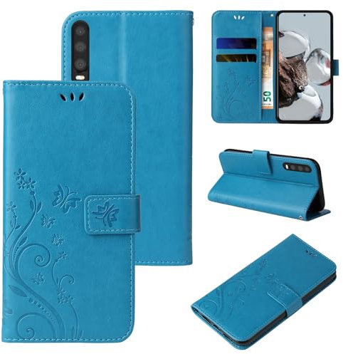 LBH Handy Hülle für Huawei P30 Case Handytasche Schmetterling Blumen Flower Standfunktion Schutzhülle Magnet Rundum Schutz 360 Grad Flipcase Cover Blau