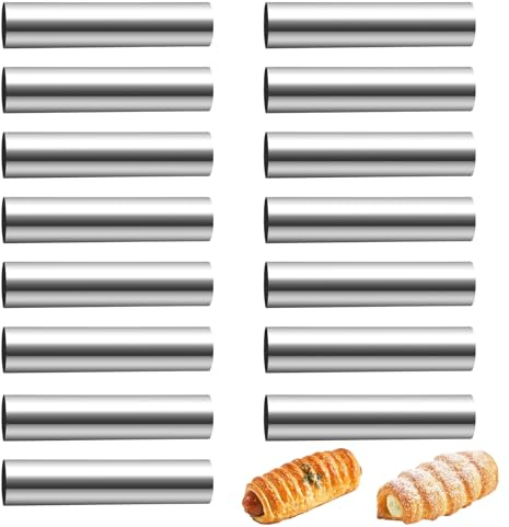 VMUTGA 15 Stück Cannoli Backform, Backform Hörnchen, Croissant Backform Cannoli Röhrchen, Antihaft Schaumrollen Edelstahl, für Schillerlocken, Cannoli, Sahnehorn(120 x 20mm)