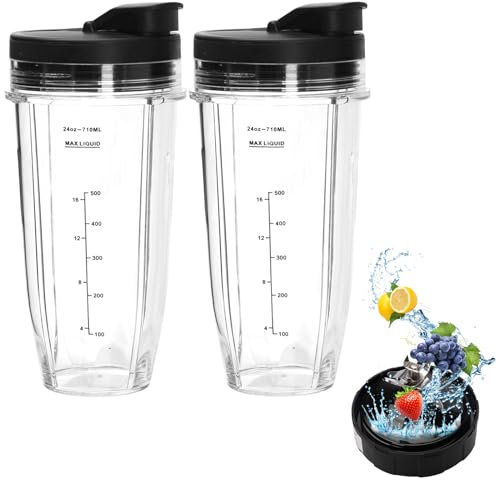 Set of 2 Blender Replacement Parts for Ninja, 24oz Ninja Blender Cups with Lids and 7 Blades Puller Blade Smoothie Cup Replacement for BL2012 BL2013 BL480 BL481 BL482 BL486CO BL487 BL488W BL490 BL491