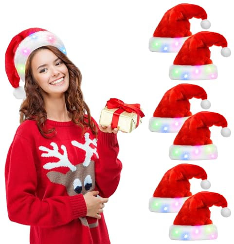 Kensbro 6 Stück LED Weihnachtsmützen Erwachsene,Plüsch Weihnachtsmützen für Erwachsene,LED Weihnachtsmütze, Rote Nikolausmütze, für Weihnachtsdekoration Verschiedene Themenpartys Usw