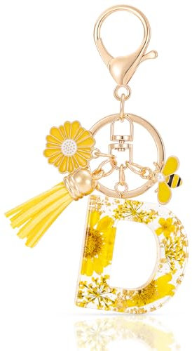MWOOT Letter Keychain Initiale Schlüsselanhänger Buchstabe D,Alphabet Harz Blume Key Chain mit Gänseblümchen Biene Quaste Anhänger Handtasche Geldbörse Charm,Gelb Blütenblatt Keyring für Frauen(D)