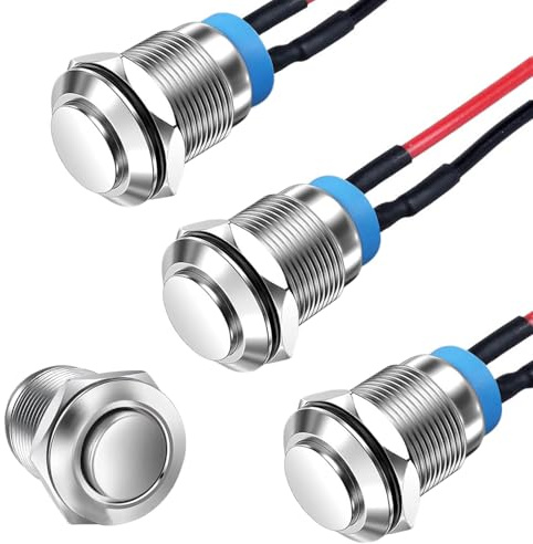 Unicru 3 Stücke Verriegelung Druckschalter 12mm Wasserdichte Drucktaster Momentanen Edelstahl Taster EIN Aus 2A/12V/24V/125V/250V mit Draht