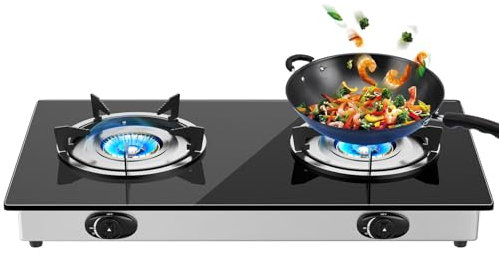 Hornillo de gas,Camping Gas de 2 Fuegos para Exterio,Superficie De Cristal Templado,Cocina de gas portátil con encendido automático