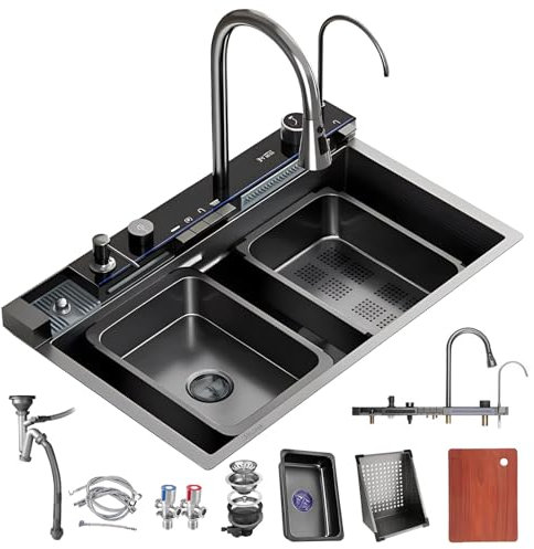 DSMRLEOP Lavello a cascata, Lavello Cucina 1 Vasca in Acciaio Inox, set lavello domestico, lavello multifunzionale, lavello nero-grigio con sifone e Set di Drenaggio, e vari accessor(Black#4A,80x45cm)