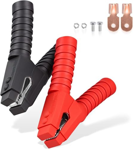 Comforty 2 pinzas de cocodrilo grandes para batería, aisladas, pinzas de cable de cocodrilo para coche, con mango de plástico aislado para cable de carga de coche (rojo, negro)