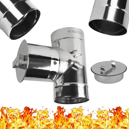 Té d’échappement 90° avec Bouchon de Cheminée en Acier Inoxydable - Raccord en T avec Couvercle de Trou Rond - pour Cheminée Tuyaux d'échappement Fumée - Té Equerre à 90 ° Degrés - Diamètre Ø 150 mm