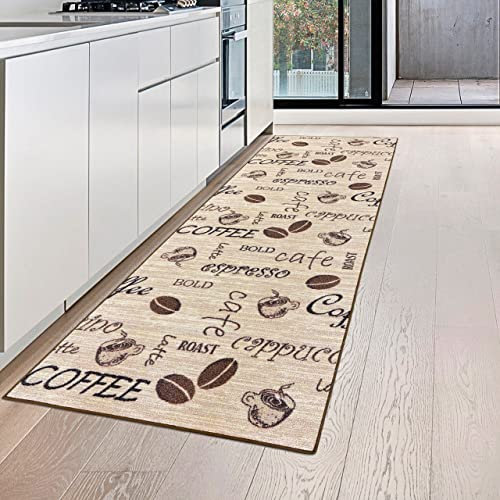 Teppich-Traum Kaffee Küchenläufer beige mit Gelrücken und Schriftzug in braun, 80 x 200 cm