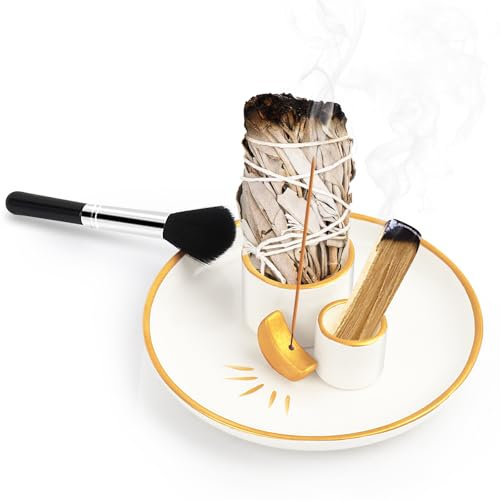 TNOMSNO Porta-Inciensos 4 En 1, Soporte para Palo Santo Soporte de Incienso de Cerámica con Cenicero Quemador de Incienso Quemador de Madera Ahumada Soportes para Yoga Meditación