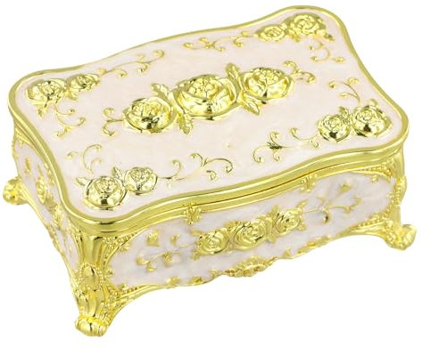 Dokeno Vintage Schmuckkästen mit Deckel aus Metall, Rechteckige Schmuckdose Aufbewahrungsbox Weiß mit Goldenblumeform Schmuckkoffer für Ohrringe Halsketten Ring Damen Geschenk Geburtstag