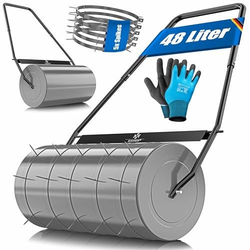 KESSER® Rullo per prato, 60 cm, 48 l, capacità di riempimento in metallo con deflettore e guanti, rullo per prato, rullo da giardino, rullo per seminativo, riempimento con acqua/sabbia, 60 kg,