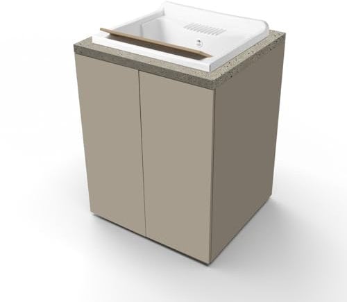 Liberoshopping Mobile Lavatoio in Legno 2 Ante con Vasca in Resina Bianco, Ripiano Interno, Apertura Push Pull, 71x65 cm, per Lavanderia e Spazi Piccoli (Tortora Opaco/Pietra)