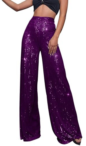 Generisch Pailletten Hose Damen Glänzend Schlaghose Elastische Hohe Taille Glitzerhose Extra Lang Bootcut Pailettenhose Sparkle Glitter Hosen Weites Bein Sommer Freizeithose Große Größen Damenhose