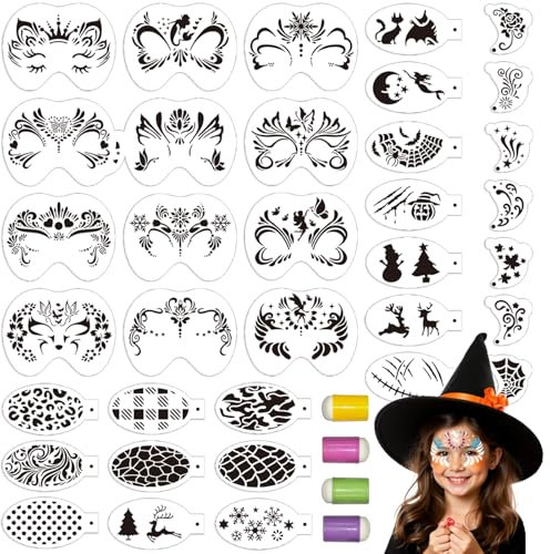 EAPIKON 36 Tattoo Schablone mit Fingerschwamm, Gesichtsfarbe Schablonen für Kinder Erwachsene, Schmink-Schablonen für Gesicht Körper, Karneval Halloween Weihnachten Fasching Party Make-up