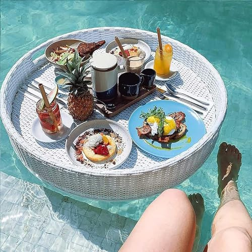 MRKU Drink Floaties Tray Round Multifunction Breakfast Tray on The Water Rattan Woven Hot Tub Side Table for Drinks,Snacks,and Essentials