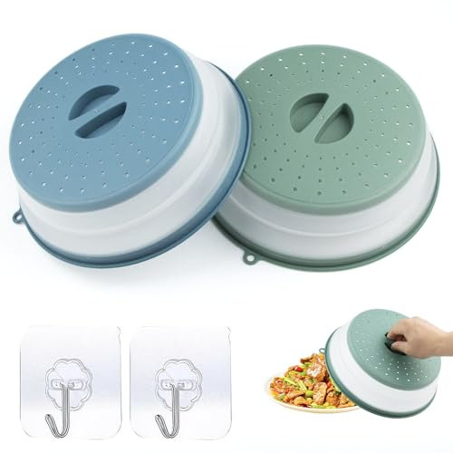 NIXRET Set of 2 Collapsible Microwave Lid Food Plate Dish Covers, Domes splatter guard with Grip Handle, silicone, for Kitchen Cooking