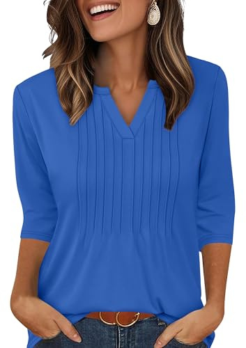 XIEERDUO Ladies Tops 3/4 Sleeve T Shirts for Women V Neck Womens Blouses Pleated Long Sleeve Tunic Blue Size 14-16