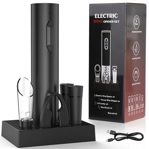 6 en 1 Tire Bouchon Electrique Coffret Cadeau,Ouvre Bouteille Electrique Avec Socle,Coupe-Capsule,Aérateur De Vin,Bouchon En Silicone Sous Vide,Bouchons à Champagne,Câble USB