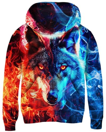 Freshhoodies Sweatshirts Jungen Coole 3D Druck Kapuzenpullover Wolf Tasche Mit Kapuze Lustige Kinder Pullover Hoodie Mädchen Rot Blau Jugendliche Party Geschenk Bekleidung, 8-10 Jahre