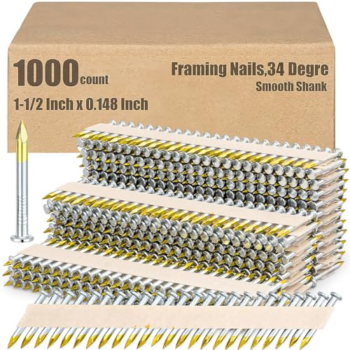 Lot de 1000 clous à bande 34 degrés, 3,75 x 38 mm, clous en acier pour images, clous à tête en D argentés, pour cloueuse pneumatique, galvanisés/vis