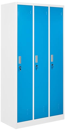 Beliani Storage Locker Metal Cabinet Unit Clothes Gym School 3 Doors White and Blue Athlete