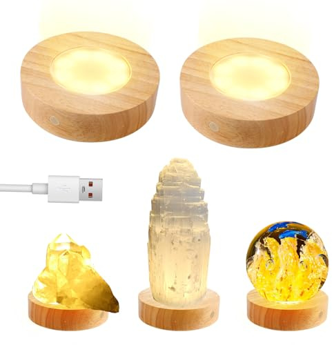 luolety LED-Lichtsockel aus Holz, rund, für 3D-Kristallglas, Aroma-Steinkunst mit 3 Lichtmodi, warmweiß, neutral, Touch-Taste (12 cm, abnehmbares Kabel), 2 Stück