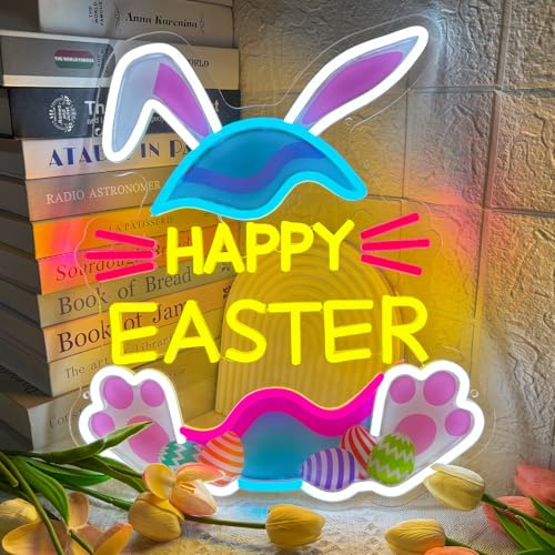 Osterhasen Neon Schild Dimmbar Happy Easter Neon für Wanddekoration | USB Betrieben LED Leuchte mit Hase und Ei Design für Party Kinderzimmer Osterdeko Oster Geschenke