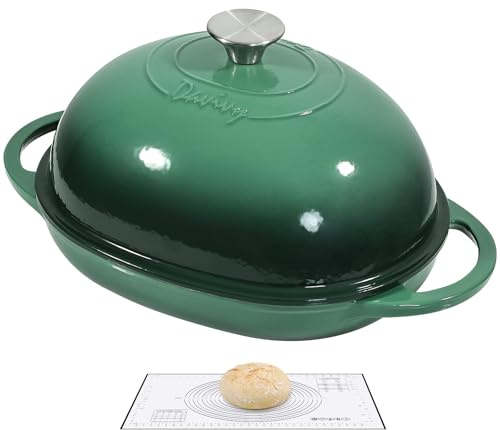 Davivy 5.5L Oval Enameled Cast Iron Sourdough Dutch Oven, 8.7 x 11 | Cast Iron Pot with Domed Lid, Casserole Pot for Bread Baking, Gifts for Sourdough Bakers (Forest Green, with Silicone Liner)