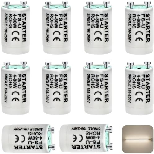 Mythlon 10 tubi fluorescenti di avviamento 4-80W FS-U, accenditore universale per lampade fluorescenti e tubi al neon, ricambio a lunga durata 200-240V, bianco, ideale per ufficio, casa e acquario