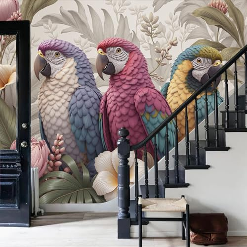 WunM Studio Fresque Murale Intissée perroquets animaux colorés Plantes et fleurs tropicales fantastiques rose poudré Papier Peint Panoramique Décoration Salon Chambre Bureau 400x280cm Non Autocollant
