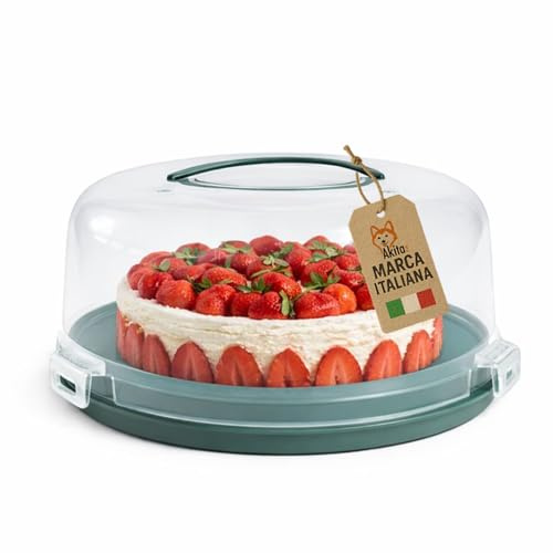 AKITAInk Porta Torta con Campana Trasparente 28 cm Contenitore Dolci con Manico, Base Portamuffin e Chiusure di Sicurezza, H 15 cm